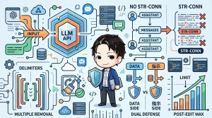 LLM APIへの入力からプロンプトインジェクション対策までを図示。会話履歴の文字列連結の危険性、入れ子デリミタの複数除去、データと指示の二重防御、バリデーション上限値を網羅し、ユーザー投稿の安全な処理方法を解説しています。