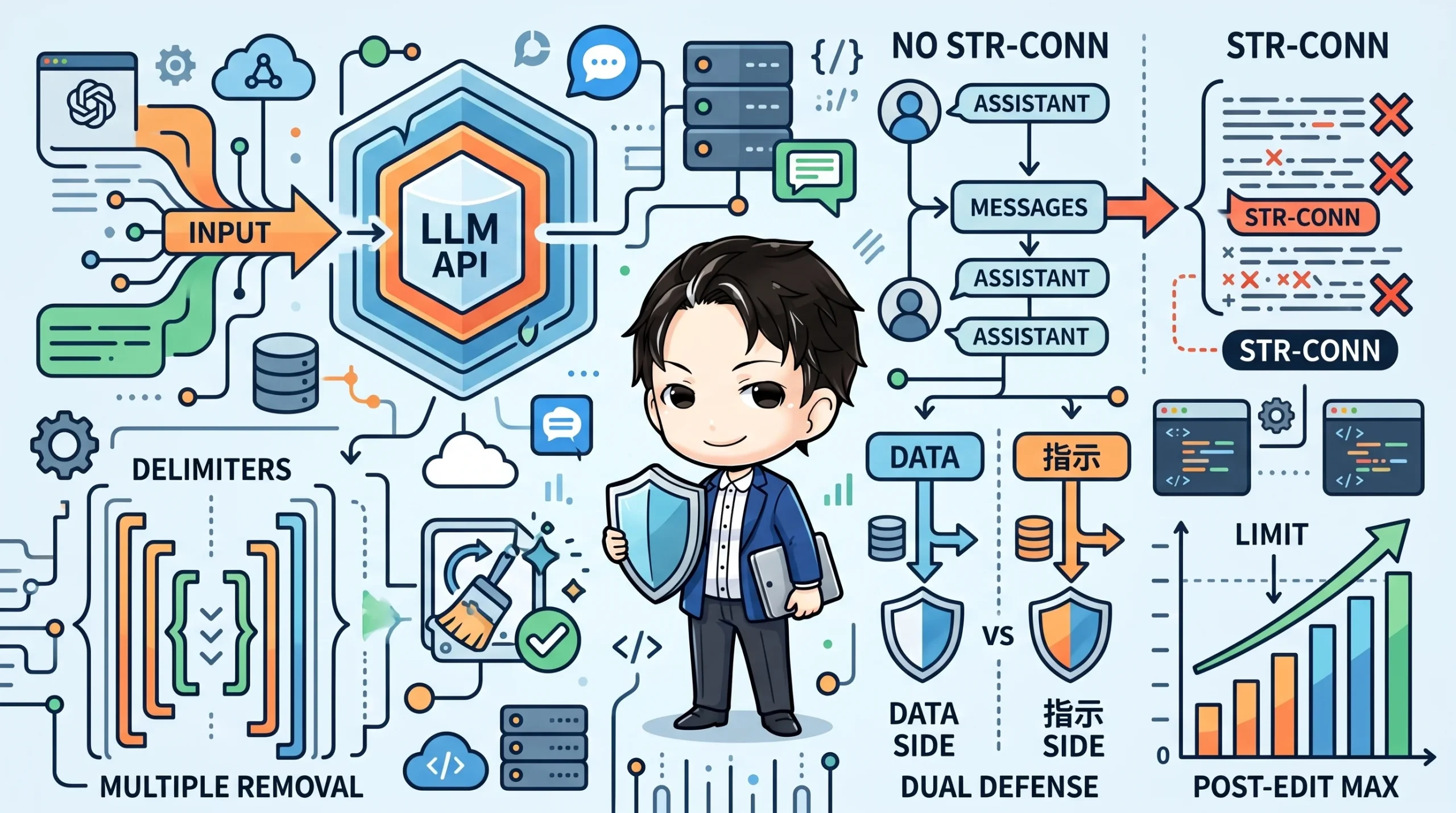 LLM APIへの入力からプロンプトインジェクション対策までを図示。会話履歴の文字列連結の危険性、入れ子デリミタの複数除去、データと指示の二重防御、バリデーション上限値を網羅し、ユーザー投稿の安全な処理方法を解説しています。
