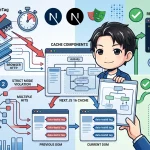 Next.js 16キャッシュコンポーネントの課題を示す図。`revalidateTag`でのキャッシュ更新遅延やE2EテストでのDOM多重ヒット問題の発生と、`expire:0`でのキャッシュ即時破棄、正確なDOMロケータによる解決策を対比して描く。