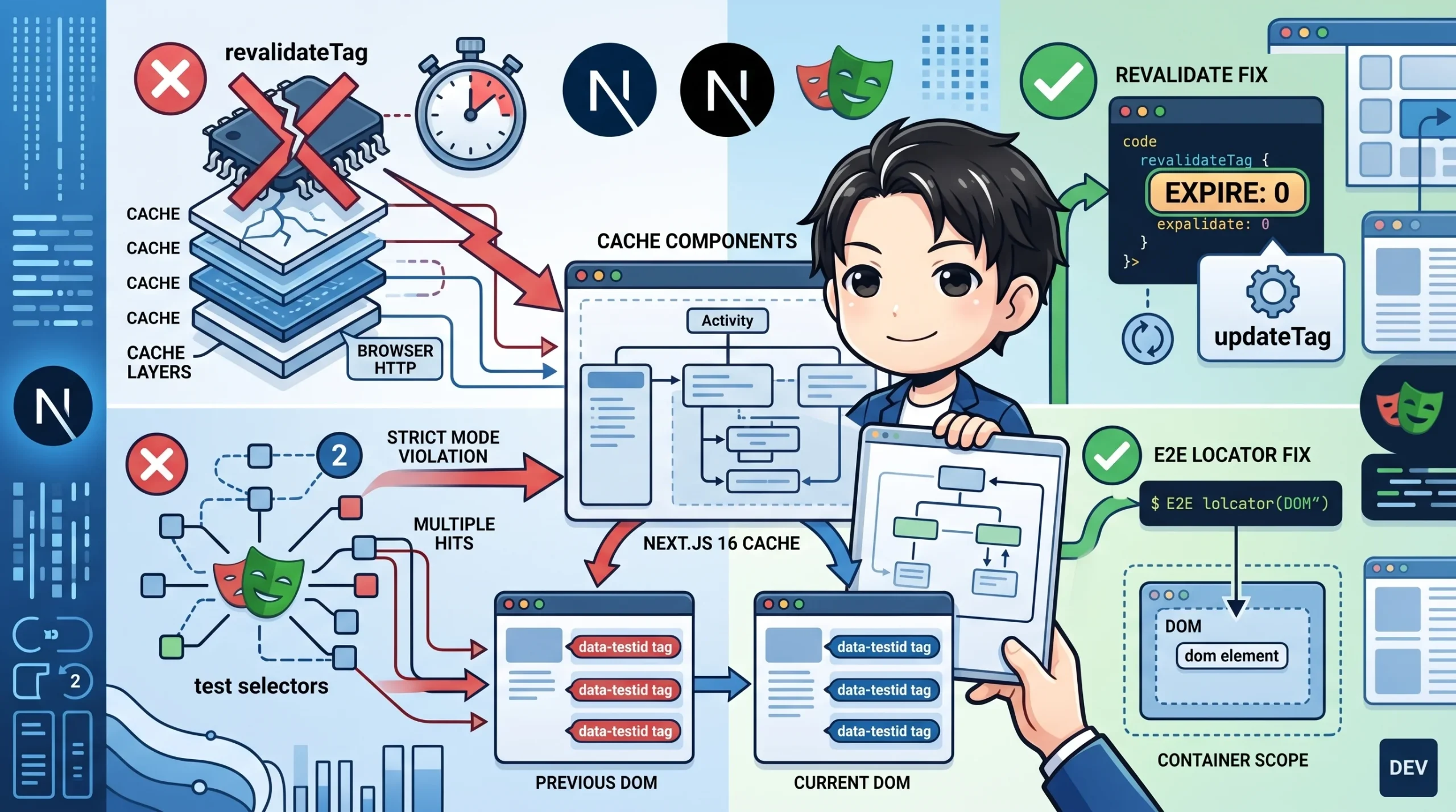 Next.js 16キャッシュコンポーネントの課題を示す図。revalidateTagでのキャッシュ更新遅延やE2EテストでのDOM多重ヒット問題の発生と、expire:0でのキャッシュ即時破棄、正確なDOMロケータによる解決策を対比して描く。