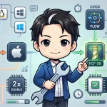問題解決をテーマにしたイラスト。中央の技術者がレンチを持ち、macOS環境で発生するLighthouseのNO_FCPエラーを、CI/CDフローと起動フラグ(--disable-render-bgなど)で解決する様子が描かれています。