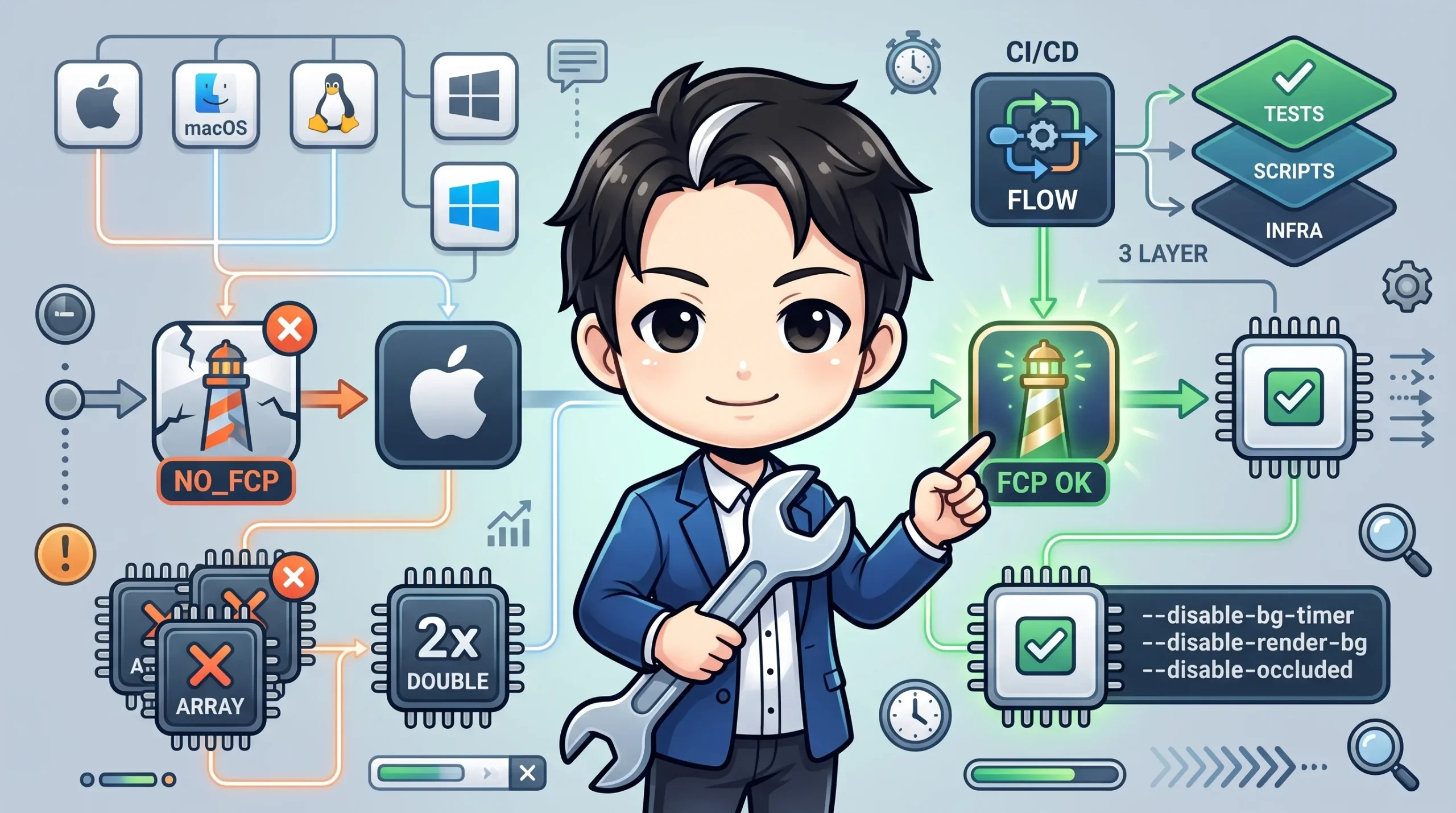 問題解決をテーマにしたイラスト。中央の技術者がレンチを持ち、macOS環境で発生するLighthouseのNO_FCPエラーを、CI/CDフローと起動フラグ(–disable-render-bgなど)で解決する様子が描かれています。