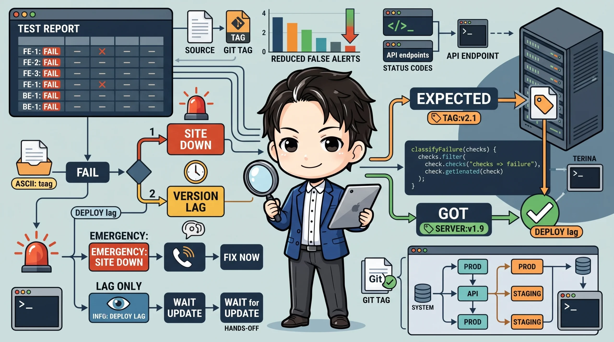 デプロイ後スモークテストの「全断」誤判定」という記事の概要を伝える複雑な図。テスト失敗を緊急の「サイトダウン」と軽微な「バージョン未反映」に区別するフロー、誤判定が減少したグラフ、そして失敗分類コードが描かれている。