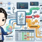CI/CDの成功判定における「わからない」を処理する設計図。キャラクターが結果分類モジュールを示し、成功、失敗、そして不明な状態へ分類するフローを説明しています。