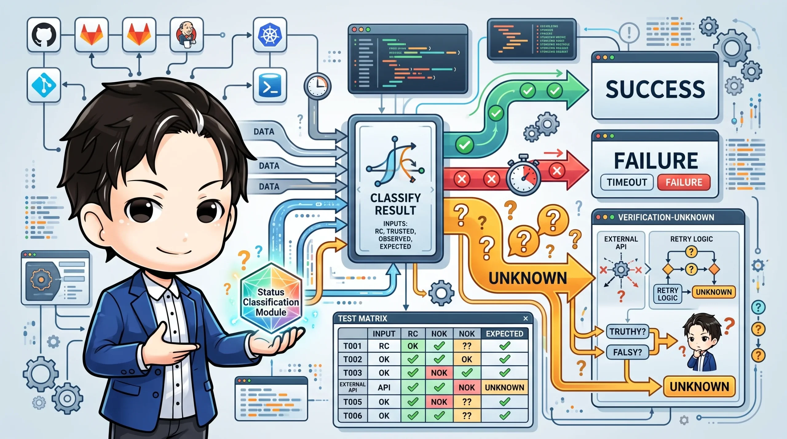 CI/CDの成功判定における「わからない」を処理する設計図。キャラクターが結果分類モジュールを示し、成功、失敗、そして不明な状態へ分類するフローを説明しています。