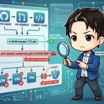 「CIの使い捨てVMが隠れた制約で落ちる」問題を図解。リポジトリ名、PR番号、コミットハッシュから生成されたVM識別子が、UNIXパスの長さ制限によりSSH接続失敗でVMが停止するフローが示され、探偵のような男性が調査しています。