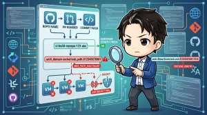 「CIの使い捨てVMが隠れた制約で落ちる」問題を図解。リポジトリ名、PR番号、コミットハッシュから生成されたVM識別子が、UNIXパスの長さ制限によりSSH接続失敗でVMが停止するフローが示され、探偵のような男性が調査しています。
