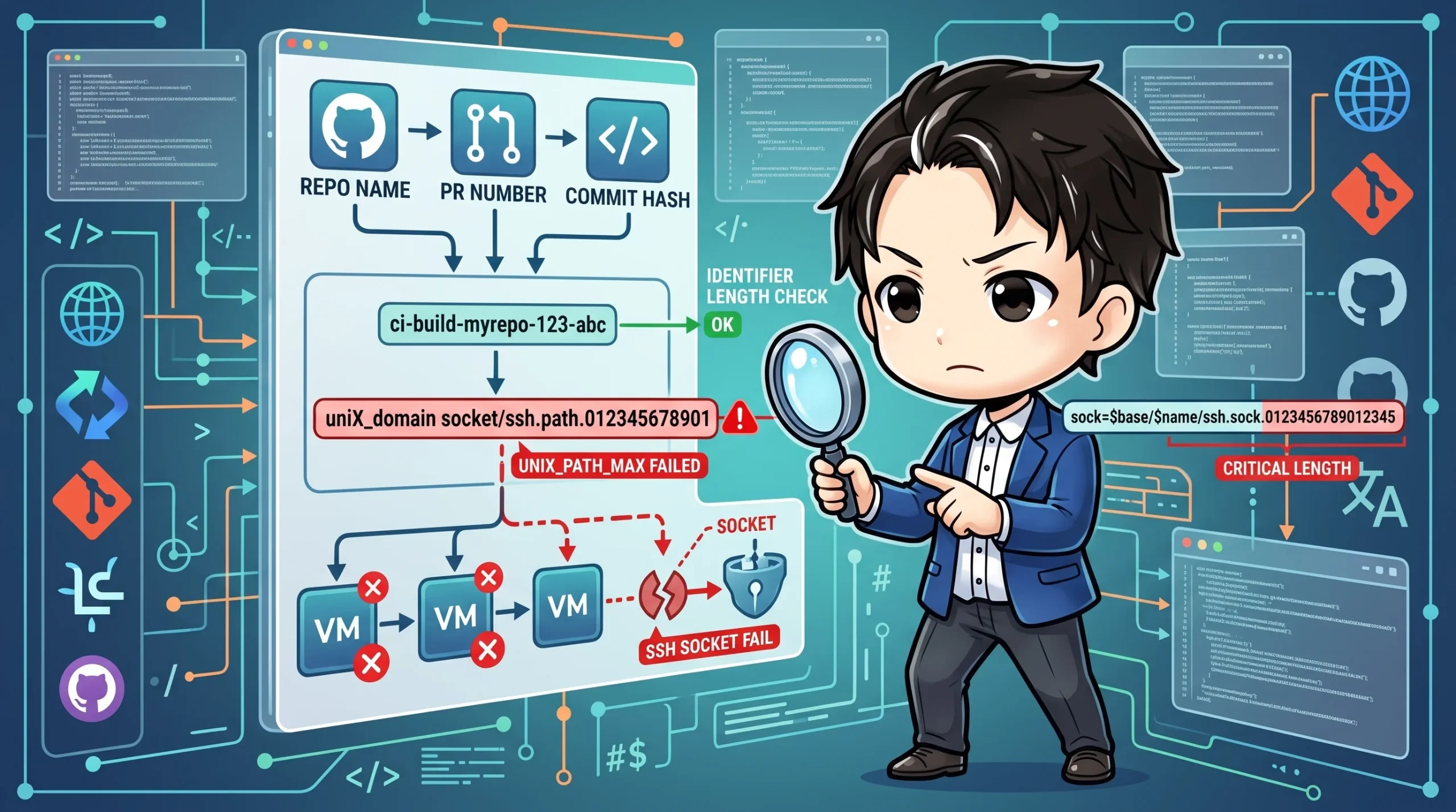「CIの使い捨てVMが隠れた制約で落ちる」問題を図解。リポジトリ名、PR番号、コミットハッシュから生成されたVM識別子が、UNIXパスの長さ制限によりSSH接続失敗でVMが停止するフローが示され、探偵のような男性が調査しています。