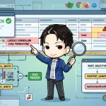 開発者がブラウザ画面上の「LAYOUT OVERFLOW」警告を指し、`overflow-x: clip`が原因で`scrollWidth`比較テストが横スクロールを検知できない問題を図解しています。E2Eテストでのレイアウト崩れ検知の難しさを示唆しています。