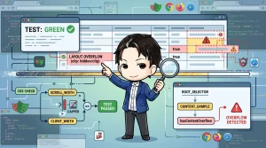 開発者がブラウザ画面上の「LAYOUT OVERFLOW」警告を指し、`overflow-x: clip`が原因で`scrollWidth`比較テストが横スクロールを検知できない問題を図解しています。E2Eテストでのレイアウト崩れ検知の難しさを示唆しています。