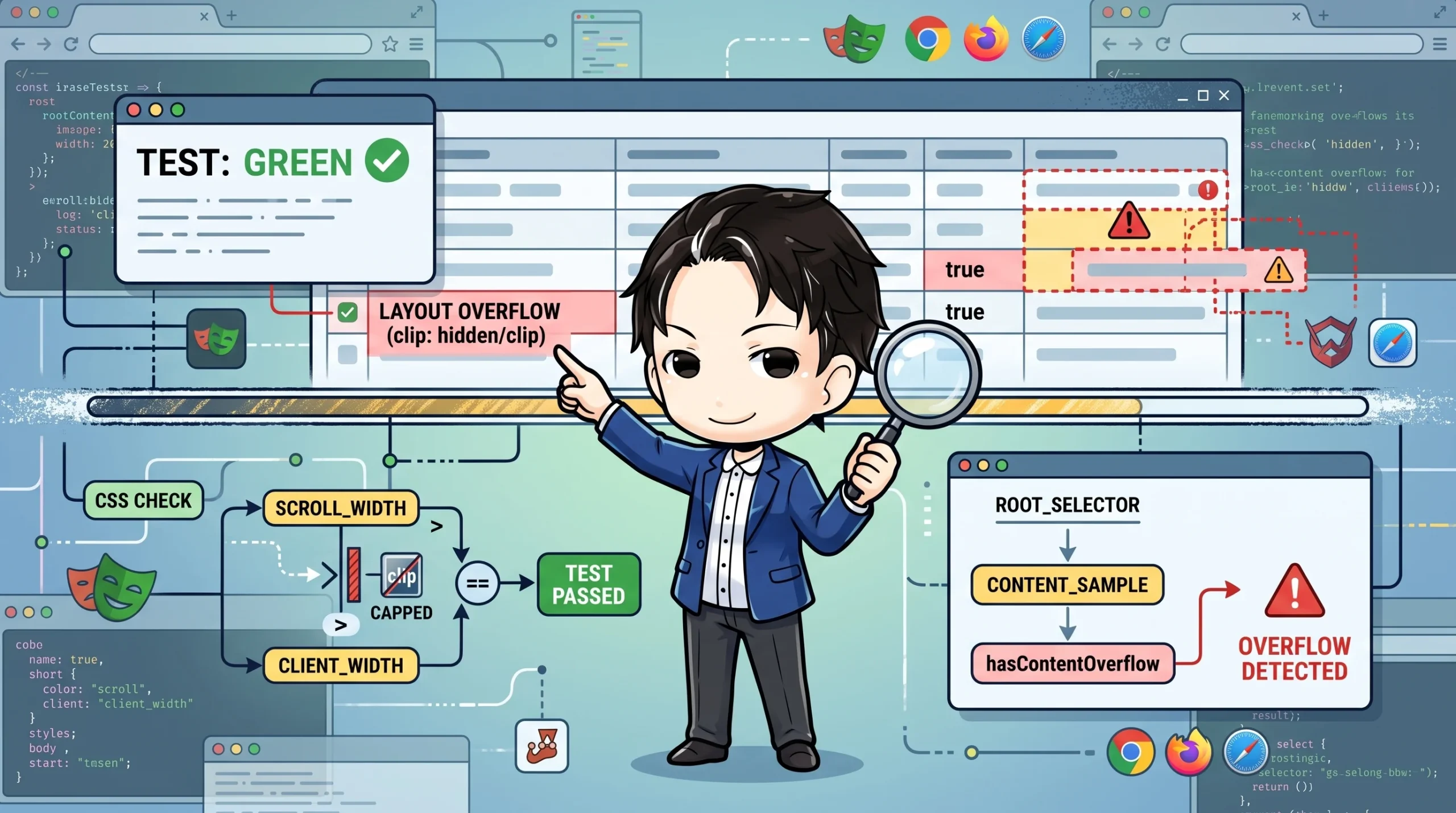 開発者がブラウザ画面上の「LAYOUT OVERFLOW」警告を指し、overflow-x: clipが原因でscrollWidth比較テストが横スクロールを検知できない問題を図解しています。E2Eテストでのレイアウト崩れ検知の難しさを示唆しています。