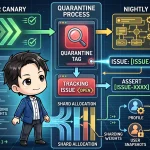 E2Eテストの運用フローを示す図。PRカナリアテストとNightlyフルテスト、そしてその間の検疫プロセスが描かれています。検疫タグには追跡Issueが紐付けられ、シャード割り当てやユーザーデータ管理も視覚化されており、記事で解説されるテスト運用の形骸化防止設計を表現しています。