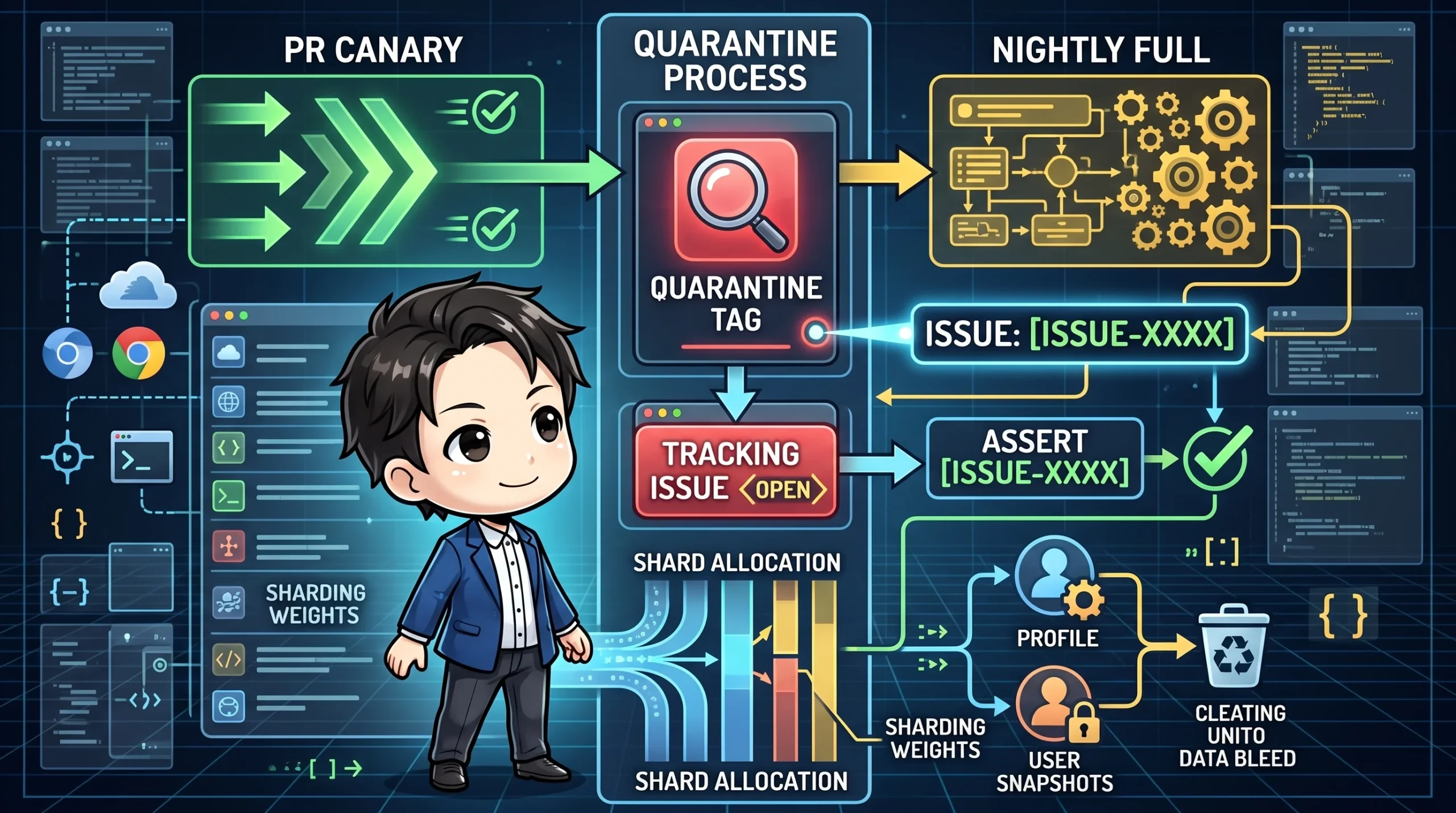 E2Eテストの運用フローを示す図。PRカナリアテストとNightlyフルテスト、そしてその間の検疫プロセスが描かれています。検疫タグには追跡Issueが紐付けられ、シャード割り当てやユーザーデータ管理も視覚化されており、記事で解説されるテスト運用の形骸化防止設計を表現しています。
