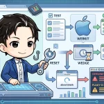 開発者がリセットツールを持ち、Playwright E2EでWebKitが「wedge」状態からabout:blankで回復するプロセスを図解。CIにおけるテストの不安定性を「genuine fail」と「flaky CI」に分類し、適切にトリアージする様子を示しています。