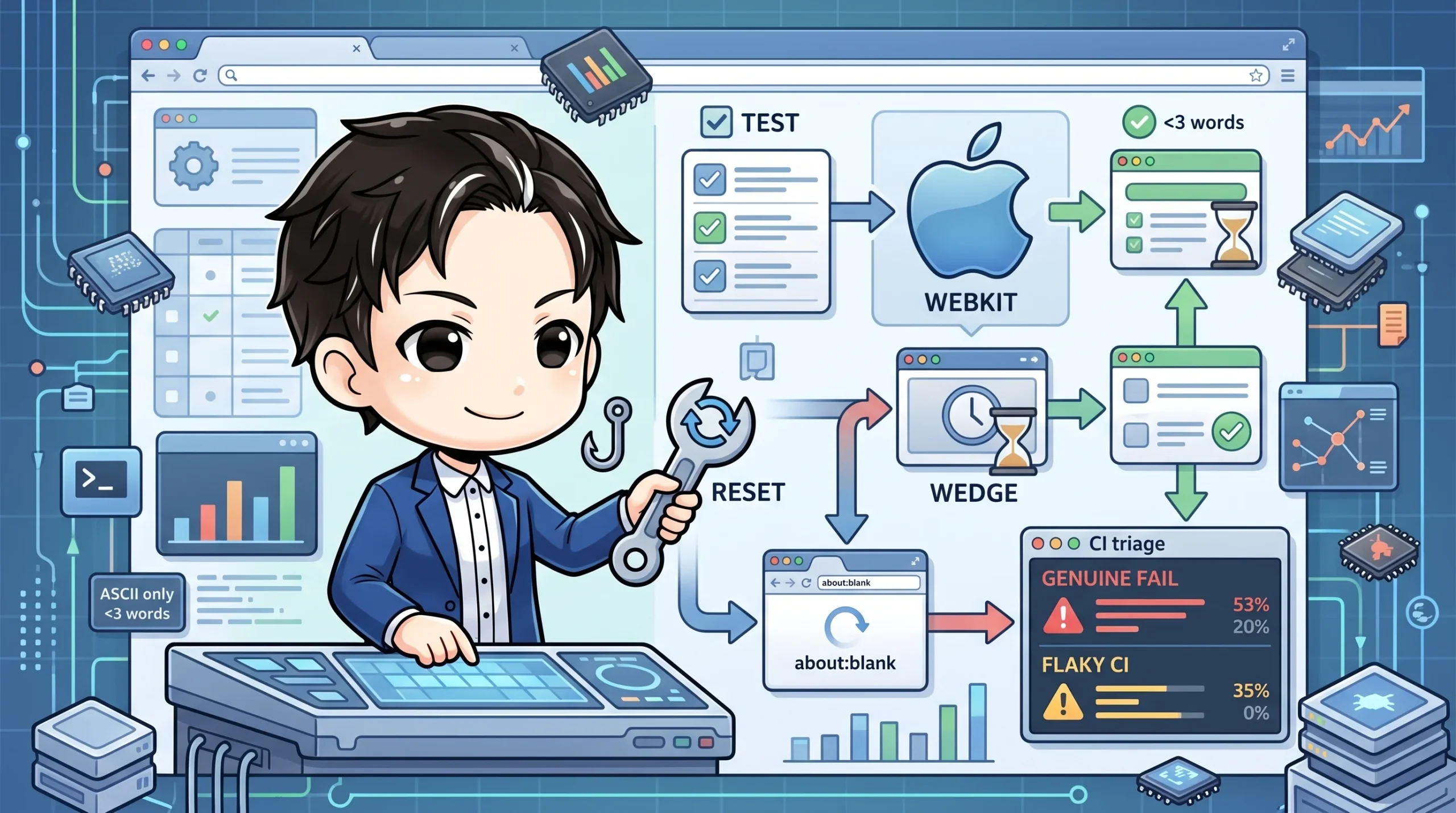 開発者がリセットツールを持ち、Playwright E2EでWebKitが「wedge」状態からabout:blankで回復するプロセスを図解。CIにおけるテストの不安定性を「genuine fail」と「flaky CI」に分類し、適切にトリアージする様子を示しています。
