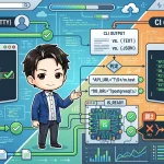 ローカル（TTY）ではCLI出力のテキストから成功判定されるが、CI（非TTY）ではJSON形式に変わり判定が失敗する様子を図解。CLI出力がTTY有無で変化し、起動判定ロジックが意図せず失敗する罠を示している。