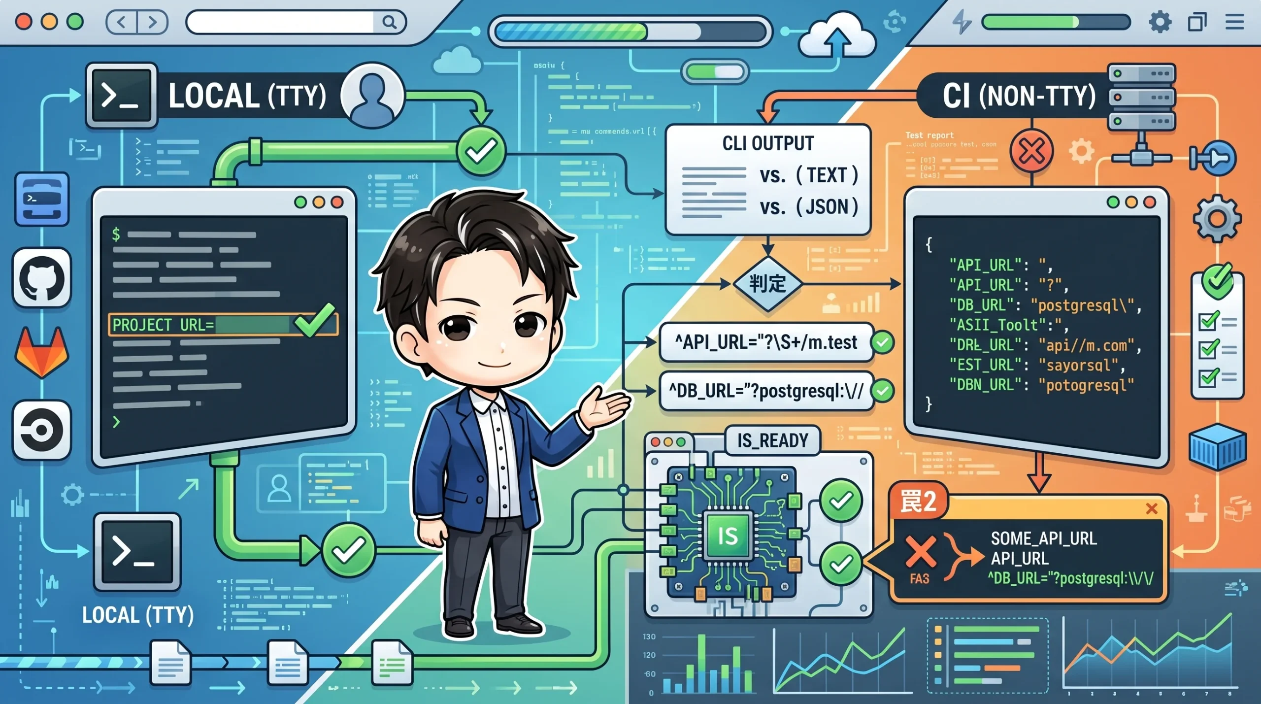ローカル(TTY)ではCLI出力のテキストから成功判定されるが、CI(非TTY)ではJSON形式に変わり判定が失敗する様子を図解。CLI出力がTTY有無で変化し、起動判定ロジックが意図せず失敗する罠を示している。