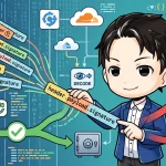 JWTを保持する開発者のイラスト。JWTが検証サーバーを経て安全な経路に進む様子と、未検証のまま警告付きデータベースへ向かう様子が対比され、デコードと署名検証の重要性を視覚的に伝えています。