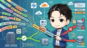 JWTを保持する開発者のイラスト。JWTが検証サーバーを経て安全な経路に進む様子と、未検証のまま警告付きデータベースへ向かう様子が対比され、デコードと署名検証の重要性を視覚的に伝えています。