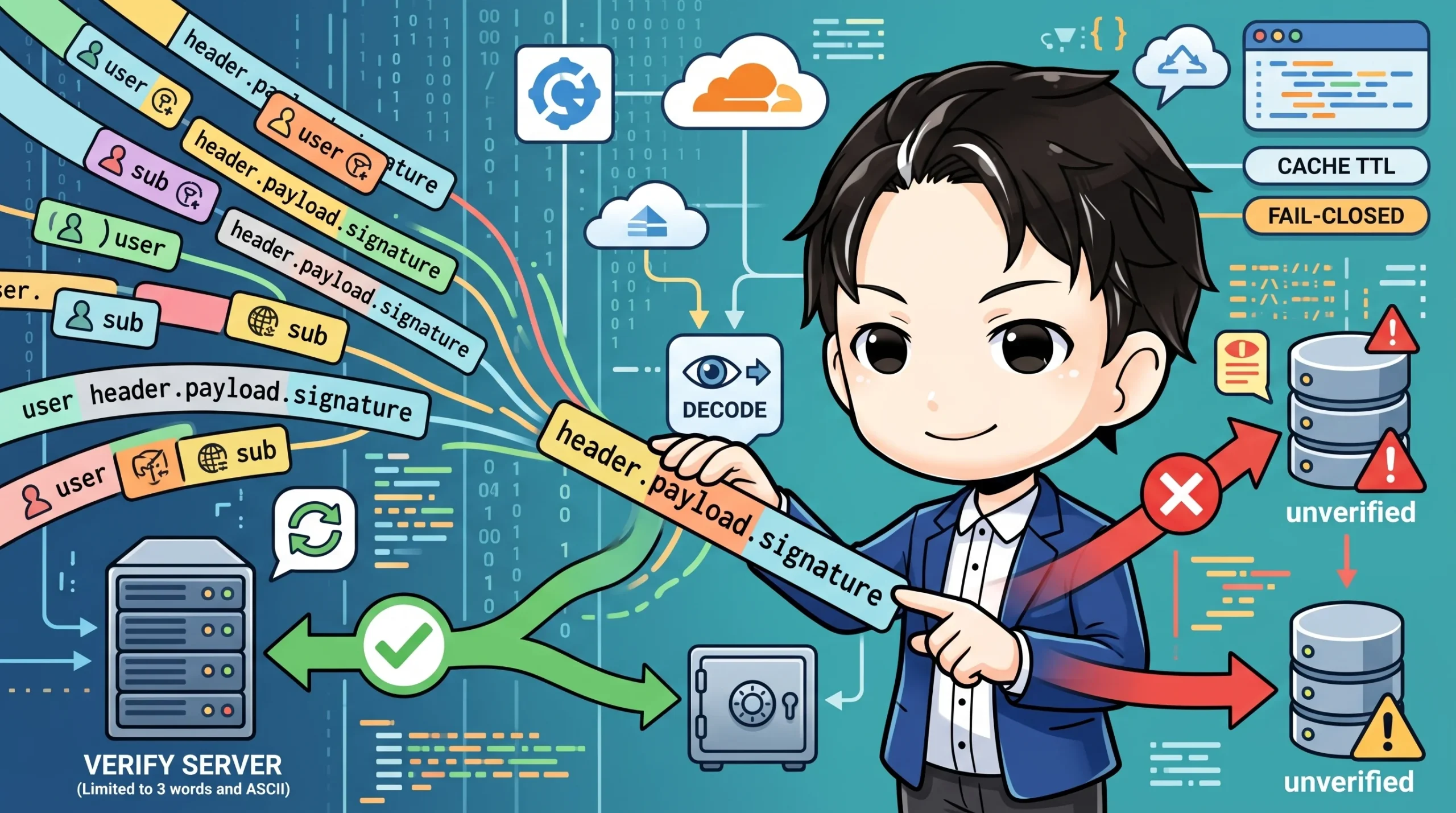 JWTを保持する開発者のイラスト。JWTが検証サーバーを経て安全な経路に進む様子と、未検証のまま警告付きデータベースへ向かう様子が対比され、デコードと署名検証の重要性を視覚的に伝えています。