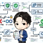GitHub Actionsワークフローの図。中心にチェックリストを持つキャラクターが立ち、DependabotのPR免除におけるrequired status checkの課題と、botなら早期に成功終了させる解決策が描かれている。