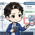 プログラマーが、Dockerイメージ整理のフローチャートを調べている様子。図には「VAR DEF」と「LOGIC USE」の乖離、CIイメージ保護の「REGEX FAILED」が示され、意図せぬ削除の罠を視覚的に表現しています。