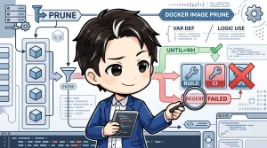 プログラマーが、Dockerイメージ整理のフローチャートを調べている様子。図には「VAR DEF」と「LOGIC USE」の乖離、CIイメージ保護の「REGEX FAILED」が示され、意図せぬ削除の罠を視覚的に表現しています。