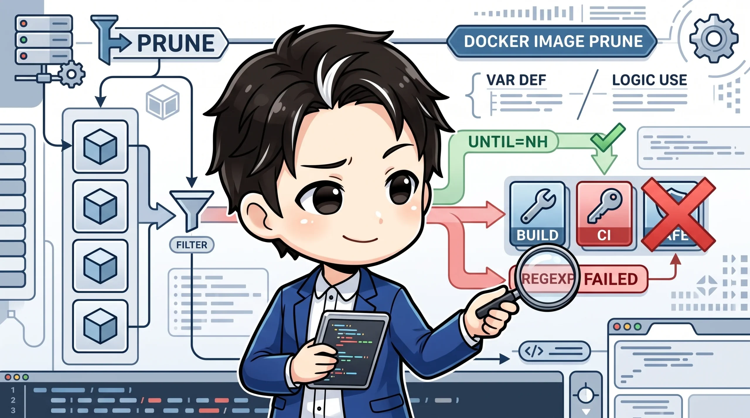 プログラマーが、Dockerイメージ整理のフローチャートを調べている様子。図には「VAR DEF」と「LOGIC USE」の乖離、CIイメージ保護の「REGEX FAILED」が示され、意図せぬ削除の罠を視覚的に表現しています。