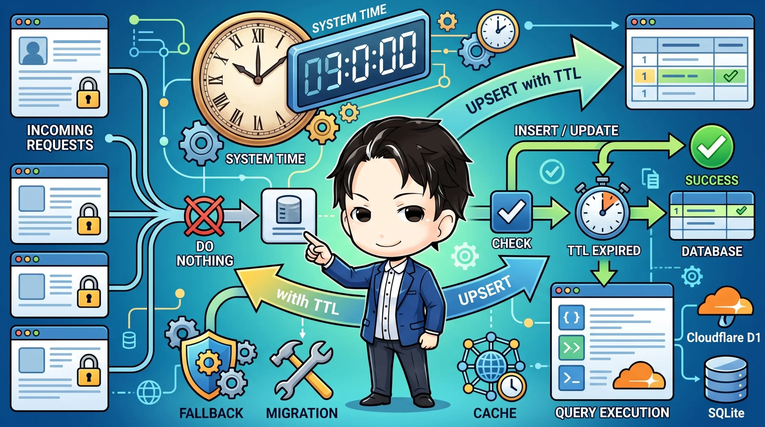 排他制御のシステム図。複数のリクエストに対し、TTL付きUPSERTを用いたデータベース更新やキャッシュ処理のフローが示されています。ON CONFLICT DO NOTHINGで処理がスキップされる様子と、TTL切れ後の再取得も描かれています。