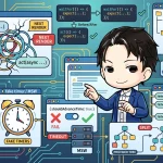 複数のテスト失敗を示すUI要素と、それらを指し示す開発者キャラクター。React Testing Libraryの`act`のネストによるエラー、fake timerとMSWの連携問題、renderHookによるプロバイダツリーの分裂といった、テストコードの罠が視覚的に表現されている。