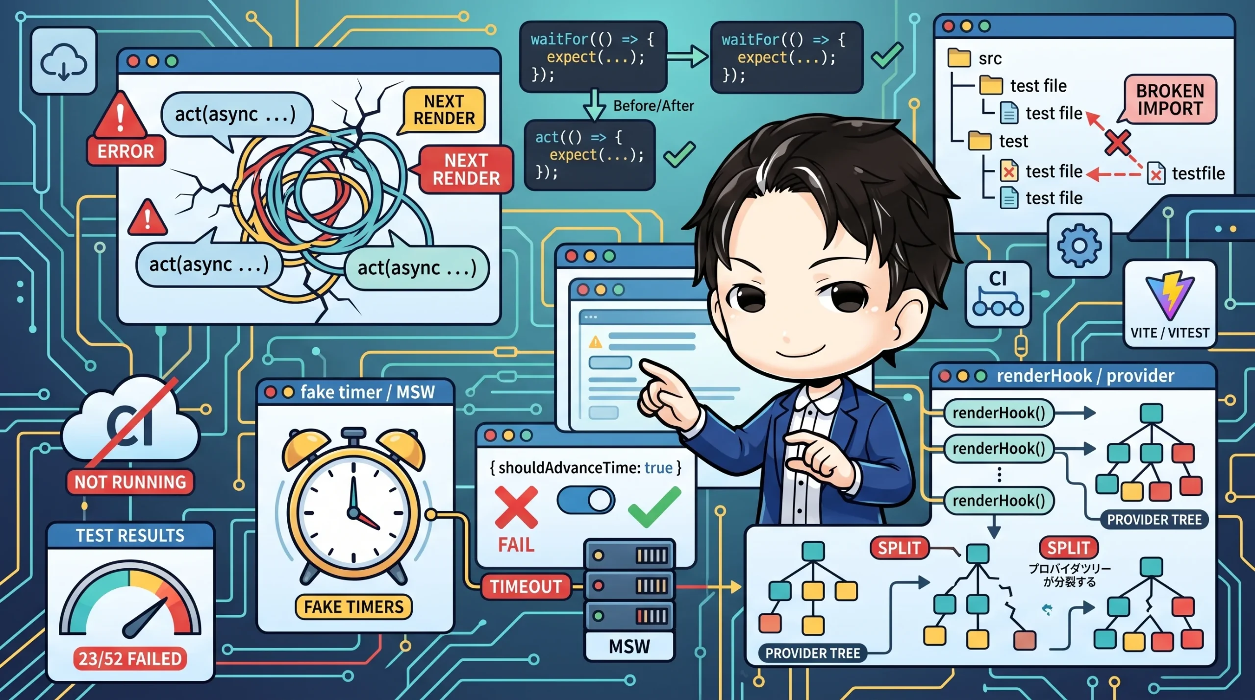 複数のテスト失敗を示すUI要素と、それらを指し示す開発者キャラクター。React Testing Libraryのactのネストによるエラー、fake timerとMSWの連携問題、renderHookによるプロバイダツリーの分裂といった、テストコードの罠が視覚的に表現されている。