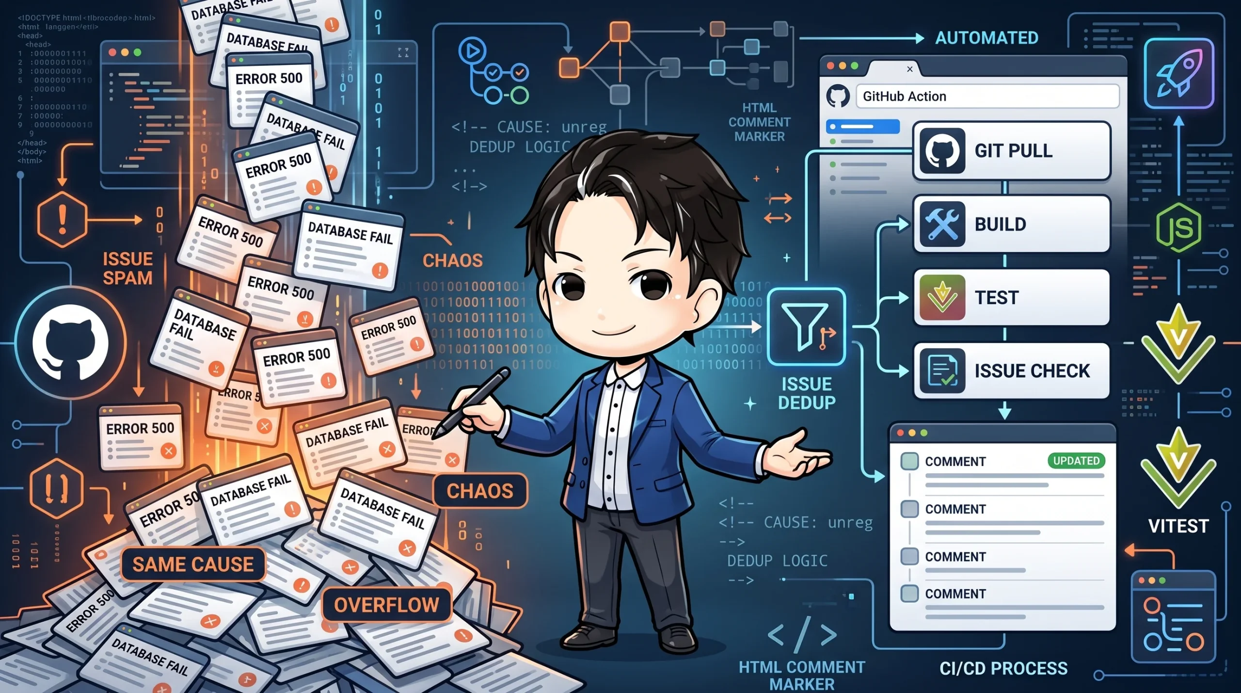 開発者が、大量のエラー通知（ISSUE SPAM）を、GitHub Actionsと重複排除（dedup）ロジックで解決するイラスト。同じ原因で増殖する監視アラートをCI/CDプロセスで効率的に管理する方法を示す。
