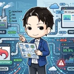 「ビルドしたら安心して離れる」ための開発パイプラインを描いたイラスト。エンジニアを中心に、ビルド、プレビュー、デプロイ、ロールバック、監視の各工程が連なり、問題発生時に自動で検知・対応する仕組みを示しています。