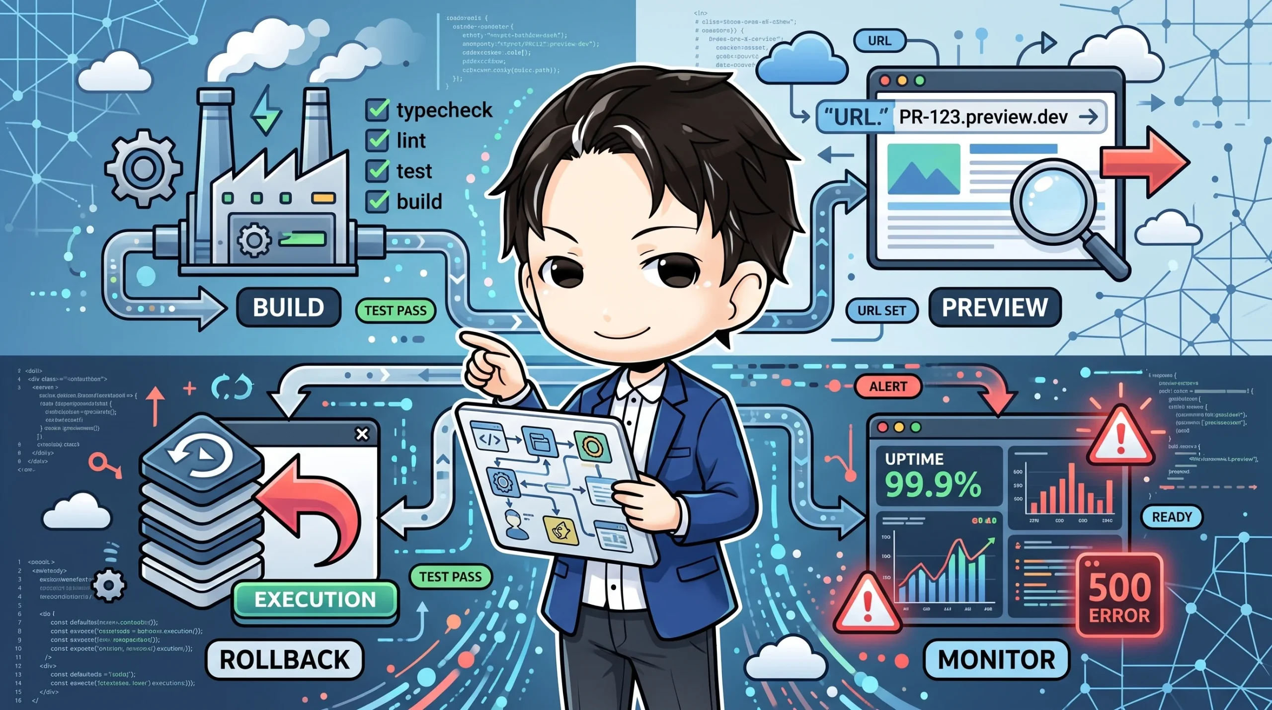 「ビルドしたら安心して離れる」ための開発パイプラインを描いたイラスト。エンジニアを中心に、ビルド、プレビュー、デプロイ、ロールバック、監視の各工程が連なり、問題発生時に自動で検知・対応する仕組みを示しています。