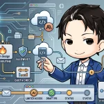 GitHub ActionsでIssueが起票されると、Claude AIがAPI経由でエラーを自動調査し、セキュアな環境下でDraft PRを作成するワークフロー図。可愛らしいキャラクターがシステム全体を指し示しています。
