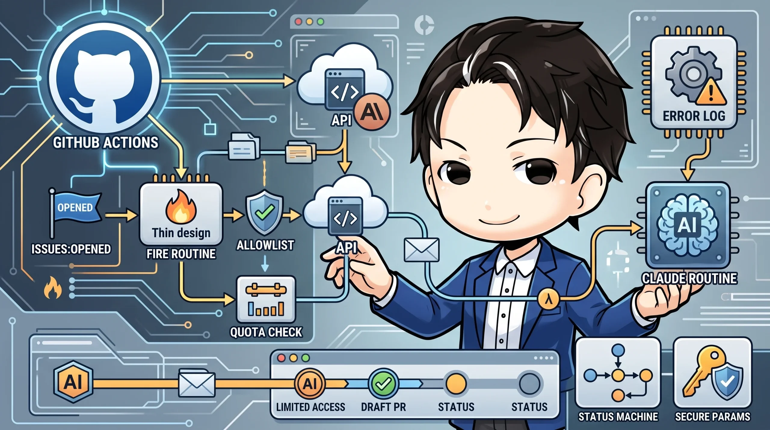 GitHub ActionsでIssueが起票されると、Claude AIがAPI経由でエラーを自動調査し、セキュアな環境下でDraft PRを作成するワークフロー図。可愛らしいキャラクターがシステム全体を指し示しています。