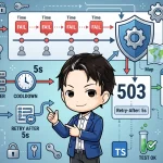 認証プロバイダー障害時、過剰なリフレッシュリクエストが多数の失敗を引き起こす様子と、セッション単位のクールダウンによって「503 Retry-After: 5s」を返し、システムの回復と保護を実現する仕組みを図解したものです。