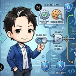 「FLAG: OFF」スイッチを持つプログラマーと、Bearer/トークン認証からCookieセッション認証への段階移行システム図。ビルド時フラグとクッキーの二段ゲートを経て、成功・旧経路不使用・APIエラーの三値結果設計が示されている。