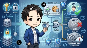 「FLAG: OFF」スイッチを持つプログラマーと、Bearer/トークン認証からCookieセッション認証への段階移行システム図。ビルド時フラグとクッキーの二段ゲートを経て、成功・旧経路不使用・APIエラーの三値結果設計が示されている。