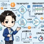 Cloudflare Workersでのログ集約システムを解説する図。HMAC署名によるガードレール、D1でのUPSERT判定と信頼度3値、p95間引き、ReDoS対策の要素が描かれ、通知暴発防止の仕組みを示しています。