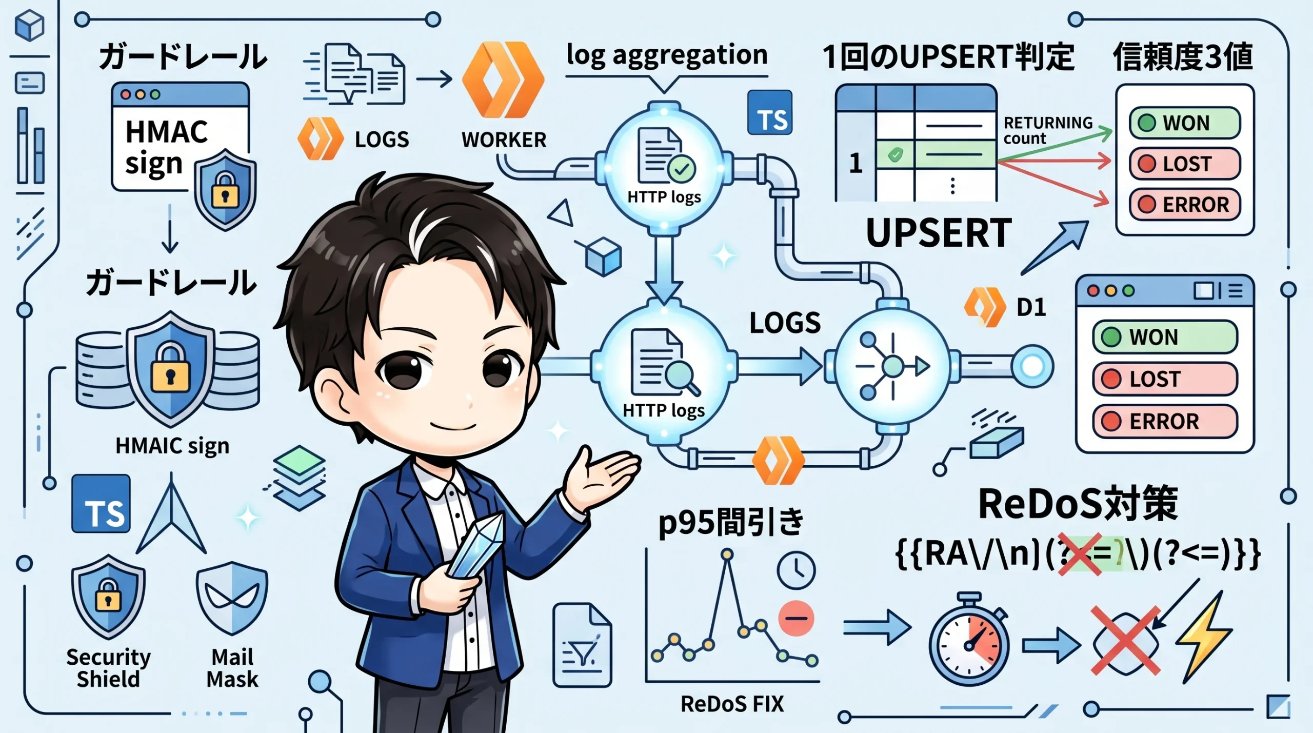 Cloudflare Workersでのログ集約システムを解説する図。HMAC署名によるガードレール、D1でのUPSERT判定と信頼度3値、p95間引き、ReDoS対策の要素が描かれ、通知暴発防止の仕組みを示しています。