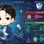 ちびキャラのプログラマーがコードを表示したタブレットを持ち、背景にCI/CDのフローチャートが描かれています。cronで「secret not found」となる失敗したパイプラインと、夜間ヘルスチェックでRequiredとLive APIのイベント設定のずれ（drift）を検出し解決する流れを示しています。