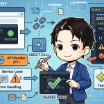 中央の開発者が、Next.jsサーバーでの相対URLによるfetch失敗（Failed to parse URL）と、共通ロジックを直接呼び出す解決策を示す図。ブラウザでの成功例、APIハンドラ、テスト、LLM連携も描かれている。