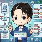 複数のWebhookがデッドラインカラムを更新する様子を図示し、その結果データが破損する「BEFORE」状態と、「短縮方向だけを止めるクランプ」によってデータ整合性が保たれる「AFTER」状態を、プログラマーのキャラクターが解説しています。TypeScriptやE2Eテストのアイコンも配置されています。