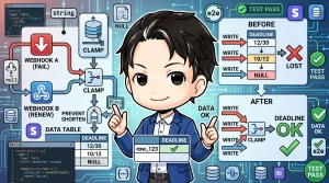 複数のWebhookがデッドラインカラムを更新する様子を図示し、その結果データが破損する「BEFORE」状態と、「短縮方向だけを止めるクランプ」によってデータ整合性が保たれる「AFTER」状態を、プログラマーのキャラクターが解説しています。TypeScriptやE2Eテストのアイコンも配置されています。