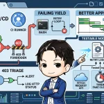 CI/CDの403エラー対策フロー図。Bashで失敗するリトライ処理を、Vitestとフェイクタイマーでテスト可能なNode.jsスクリプトに切り出す改善策を提示。