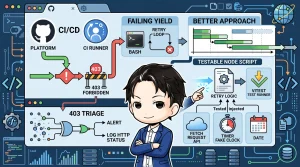CI/CDの403エラー対策フロー図。Bashで失敗するリトライ処理を、Vitestとフェイクタイマーでテスト可能なNode.jsスクリプトに切り出す改善策を提示。