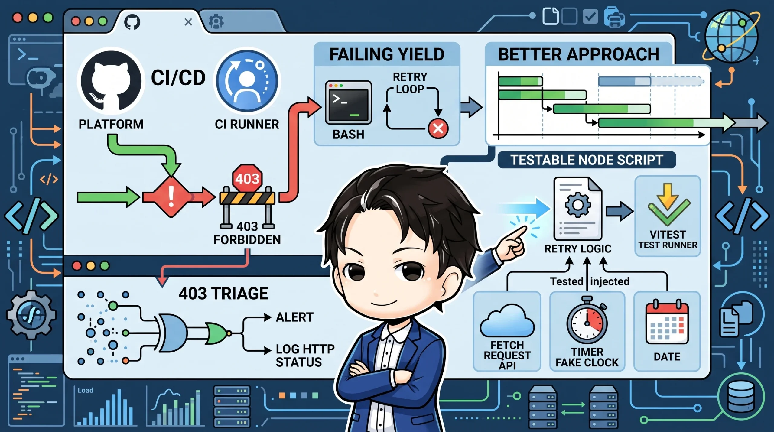 CI/CDの403エラー対策フロー図。Bashで失敗するリトライ処理を、Vitestとフェイクタイマーでテスト可能なNode.jsスクリプトに切り出す改善策を提示。