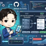 GitHub Actionsの夜間バッチの失敗と改善フロー図。開発者が、`createdAt`で処理していた古いロジックがAPI制限で失敗し、`updated_at`に切り替えてDiscord通知で失敗を検知する修正内容を図解しています。