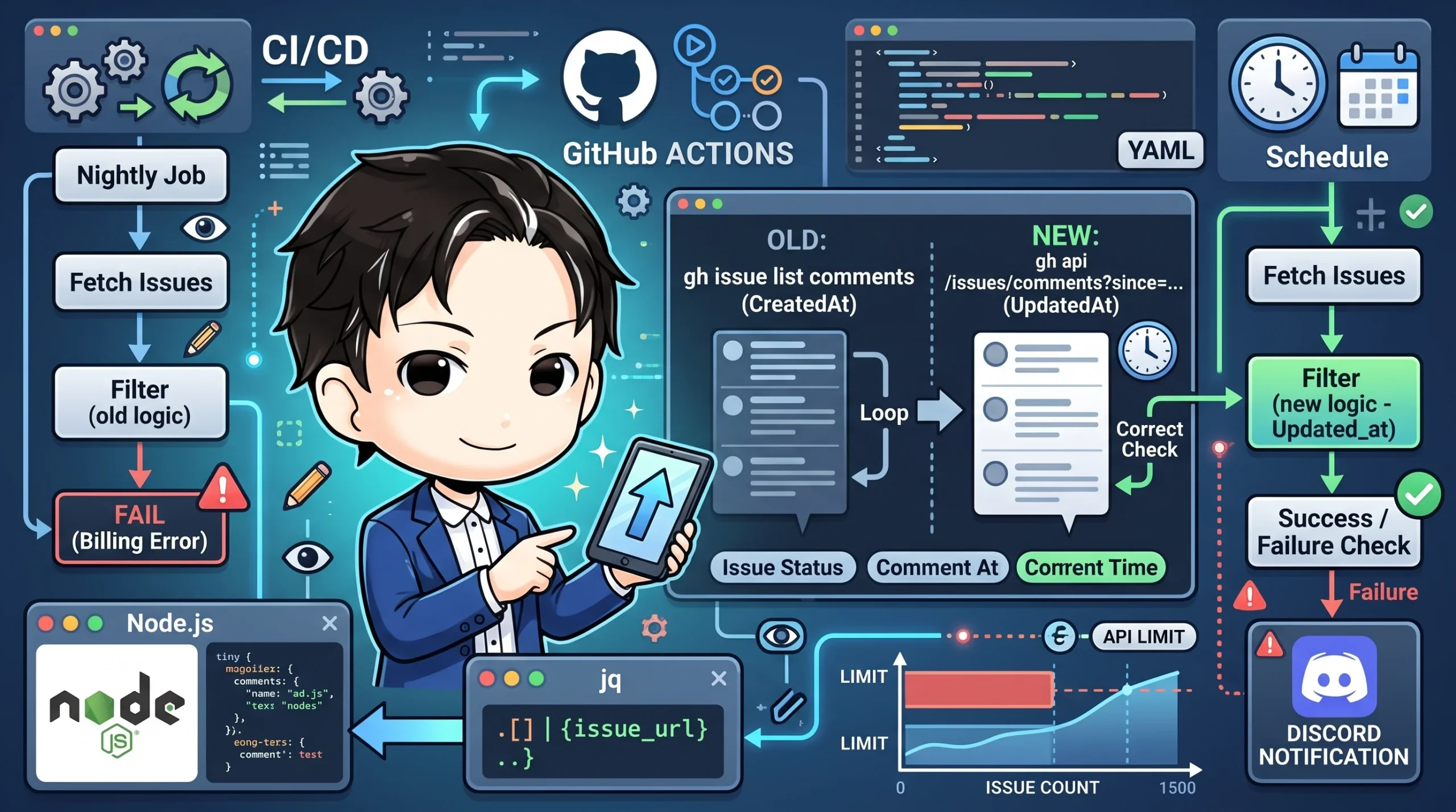 GitHub Actionsの夜間バッチの失敗と改善フロー図。開発者が、createdAtで処理していた古いロジックがAPI制限で失敗し、updated_atに切り替えてDiscord通知で失敗を検知する修正内容を図解しています。